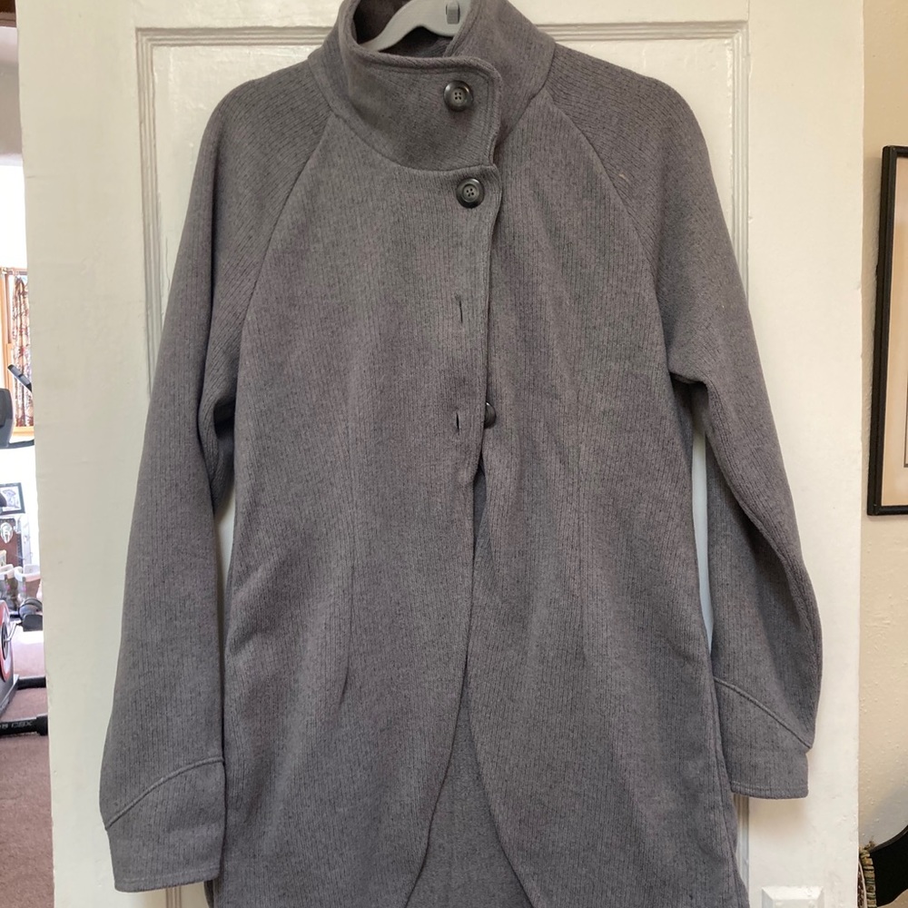 REI fleece mock neck, half button, long cardigan